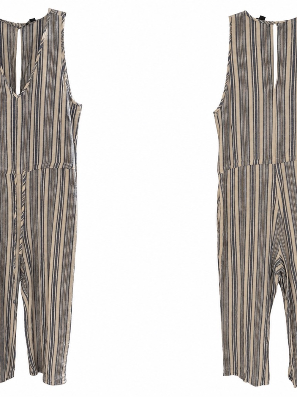 Linen Drew Romper Striped Sleeveless in Beige and Navy